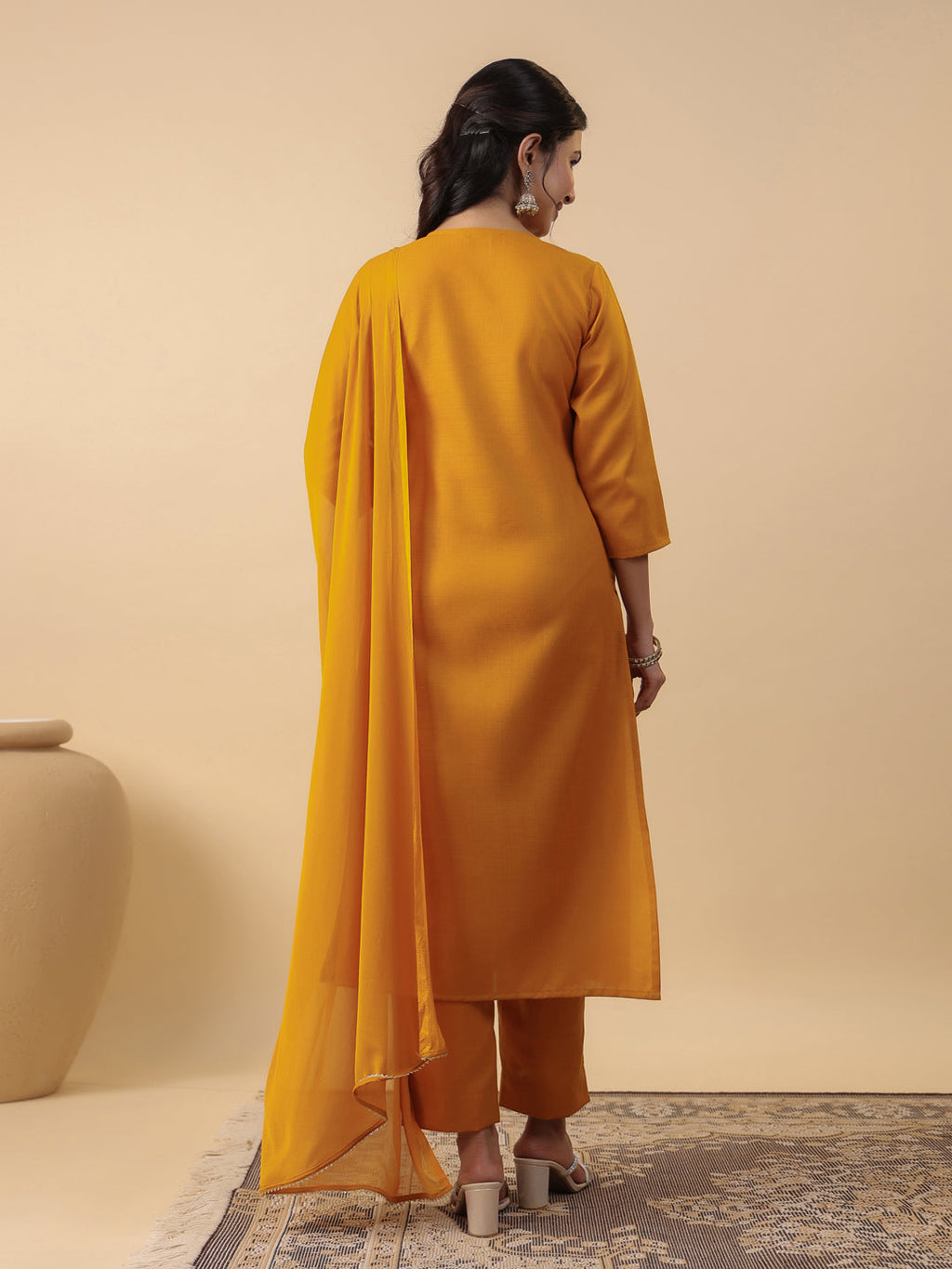 Janasya Straight Magics Slub Mustard Embroidered Notch Neck Kurta,Bottom & Dupatta | Grocsy