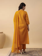 Janasya Straight Magics Slub Mustard Embroidered Notch Neck Kurta,Bottom & Dupatta | Grocsy