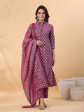Janasya Regular Poly Cotton Purple Printed Shirt Collar Kurta,Bottom & Dupatta | Grocsy