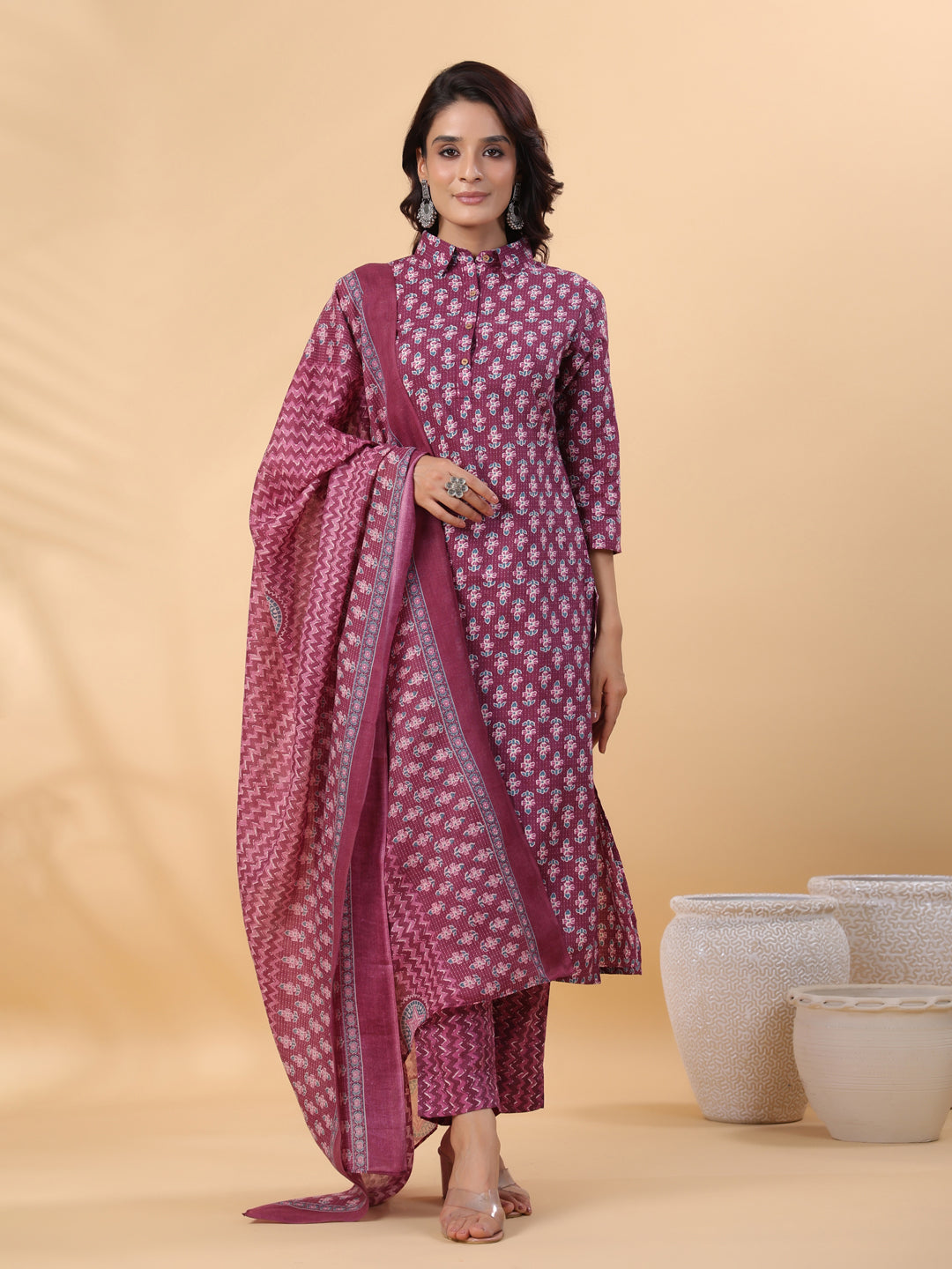 Janasya Regular Poly Cotton Purple Printed Shirt Collar Kurta,Bottom & Dupatta | Grocsy
