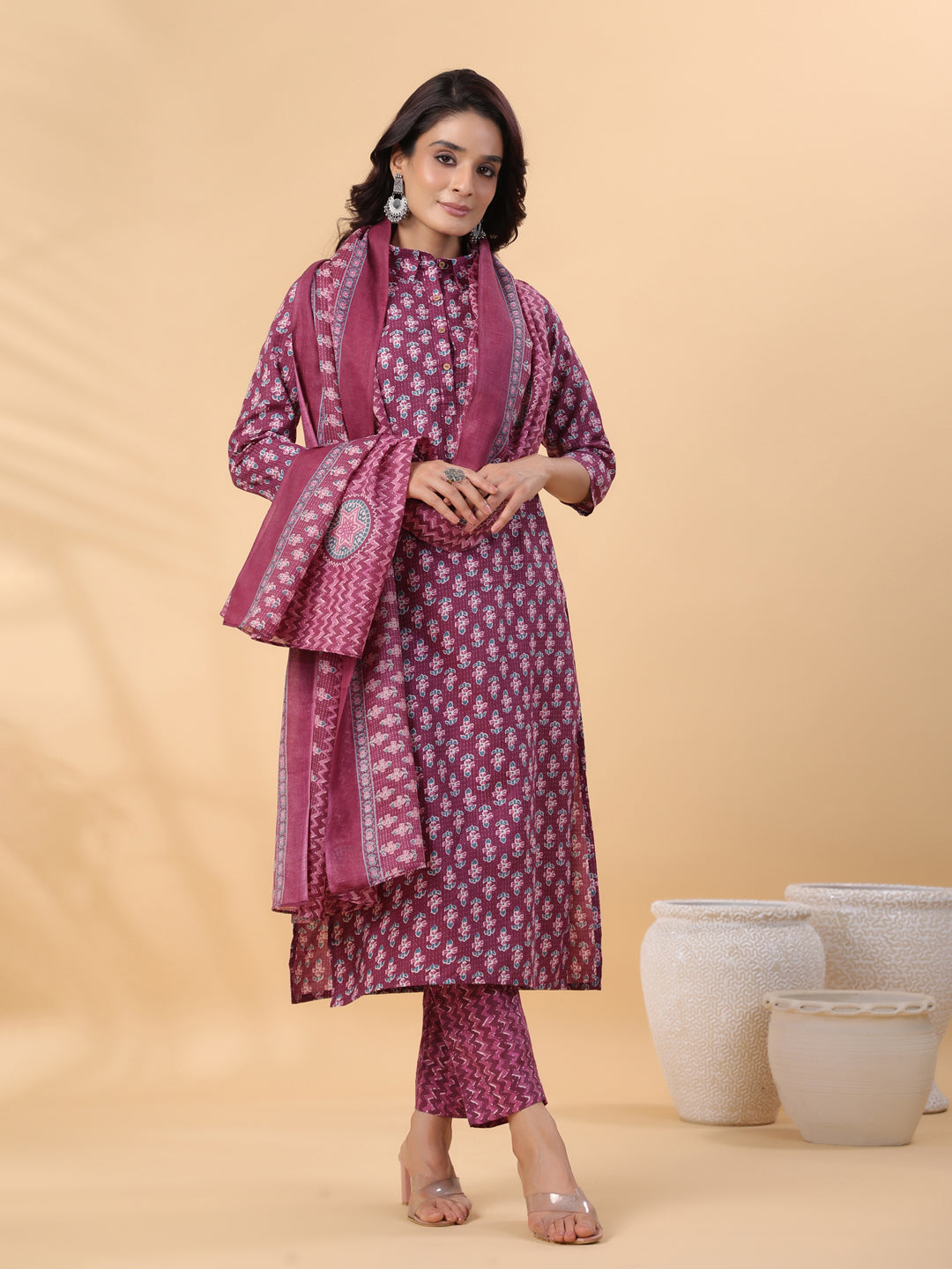 Janasya Regular Poly Cotton Purple Printed Shirt Collar Kurta,Bottom & Dupatta | Grocsy