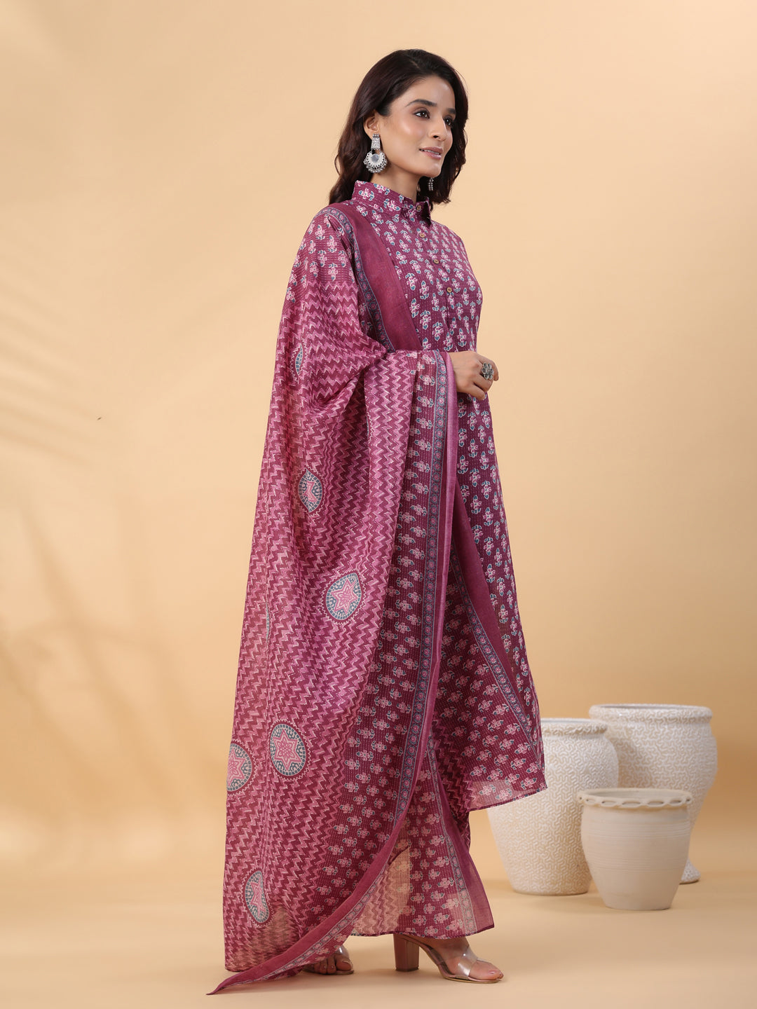 Janasya Regular Poly Cotton Purple Printed Shirt Collar Kurta,Bottom & Dupatta | Grocsy