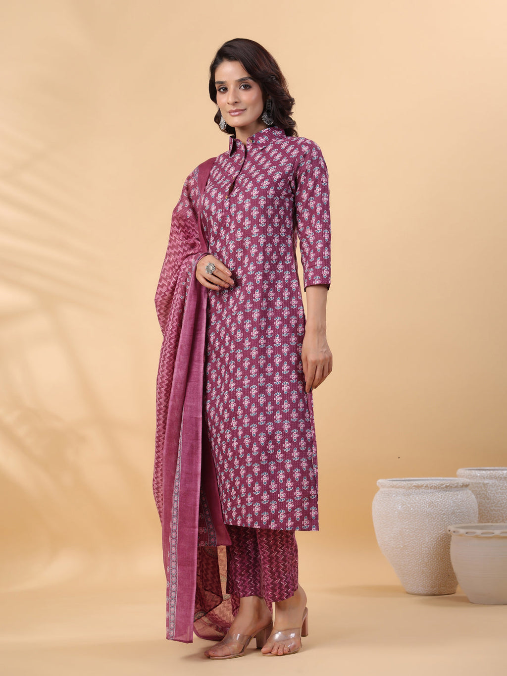 Janasya Regular Poly Cotton Purple Printed Shirt Collar Kurta,Bottom & Dupatta | Grocsy