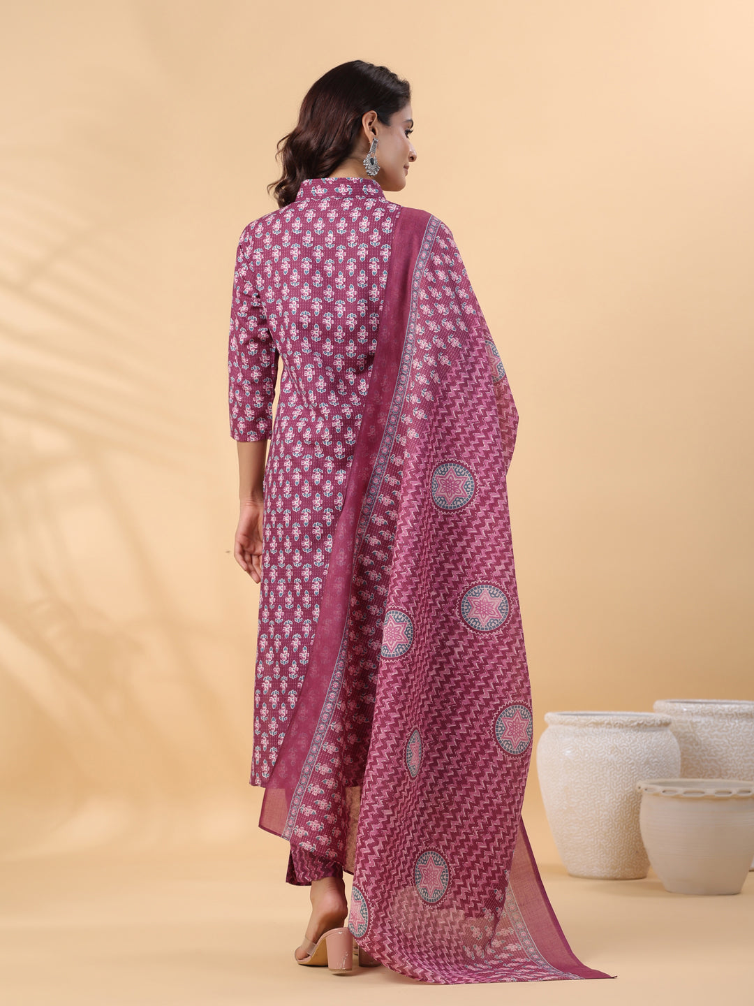 Janasya Regular Poly Cotton Purple Printed Shirt Collar Kurta,Bottom & Dupatta | Grocsy