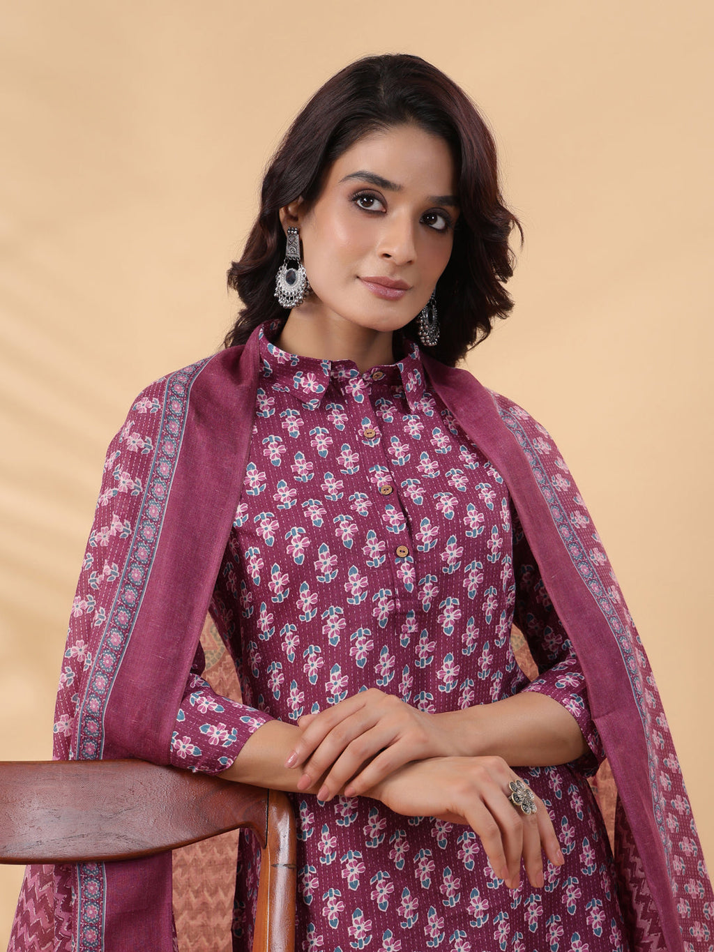 Janasya Regular Poly Cotton Purple Printed Shirt Collar Kurta,Bottom & Dupatta | Grocsy