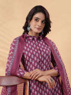 Janasya Regular Poly Cotton Purple Printed Shirt Collar Kurta,Bottom & Dupatta | Grocsy