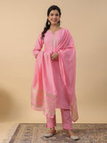 Janasya Regular Magics Slub Baby Pink Solid Notch Neck Kurta,Bottom & Dupatta | Grocsy