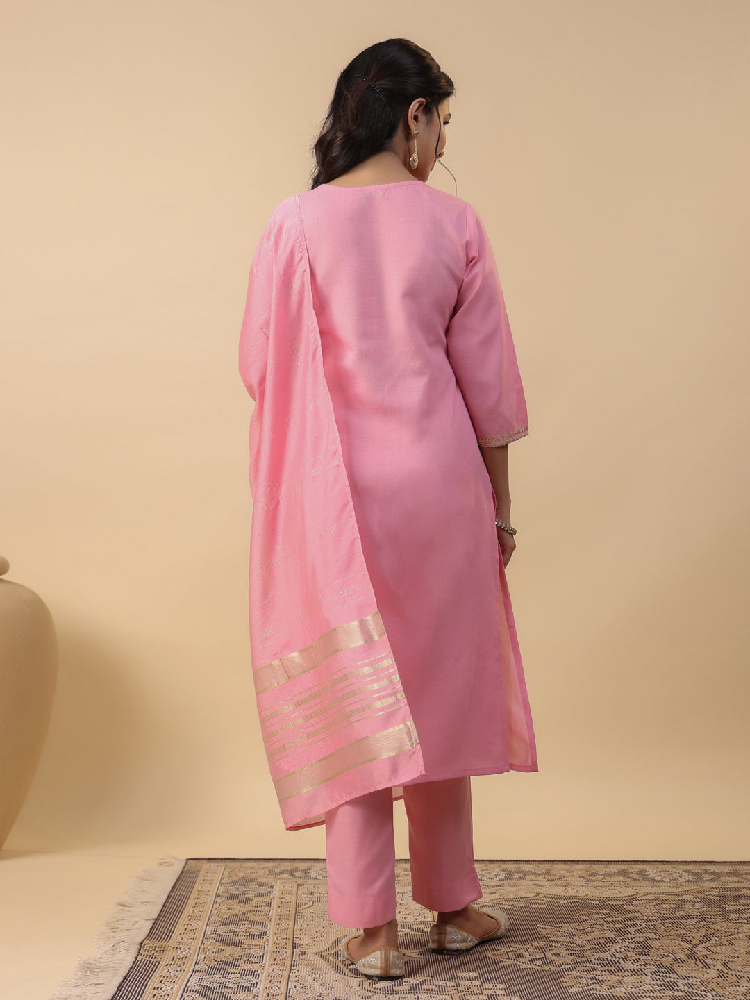 Janasya Regular Magics Slub Baby Pink Solid Notch Neck Kurta,Bottom & Dupatta | Grocsy