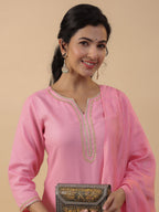 Janasya Regular Magics Slub Baby Pink Solid Notch Neck Kurta,Bottom & Dupatta | Grocsy
