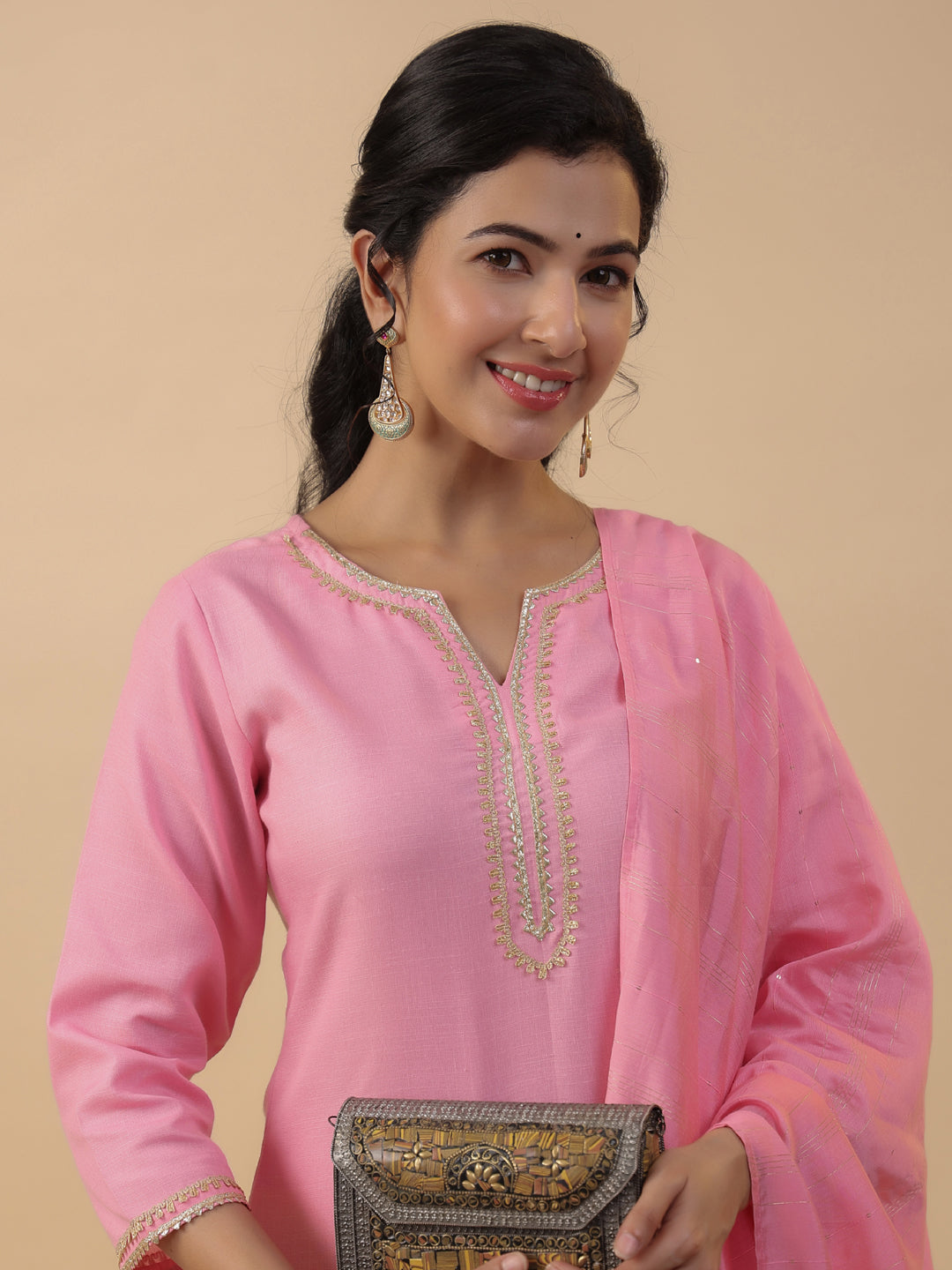 Janasya Regular Magics Slub Baby Pink Solid Notch Neck Kurta,Bottom & Dupatta | Grocsy