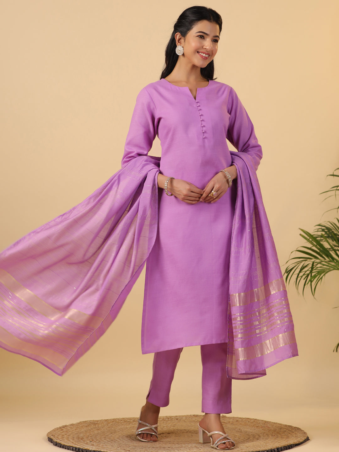 Janasya Regular Magics Slub Lavender Solid Notch Neck Kurta,Bottom & Dupatta | Grocsy