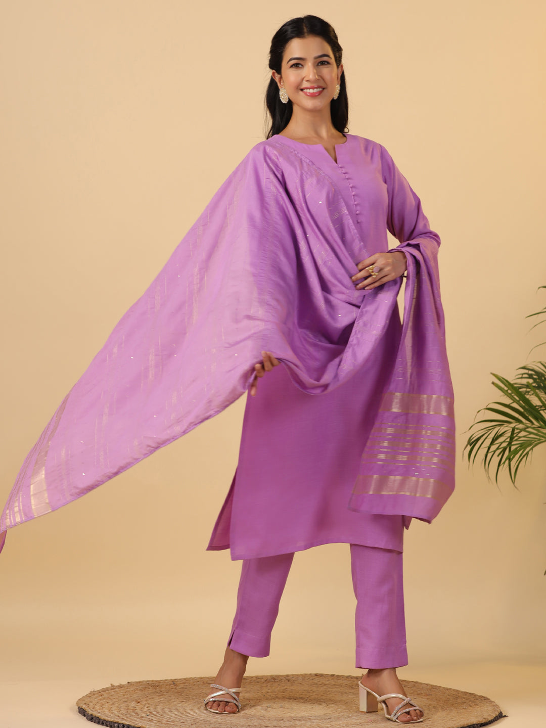 Janasya Regular Magics Slub Lavender Solid Notch Neck Kurta,Bottom & Dupatta | Grocsy