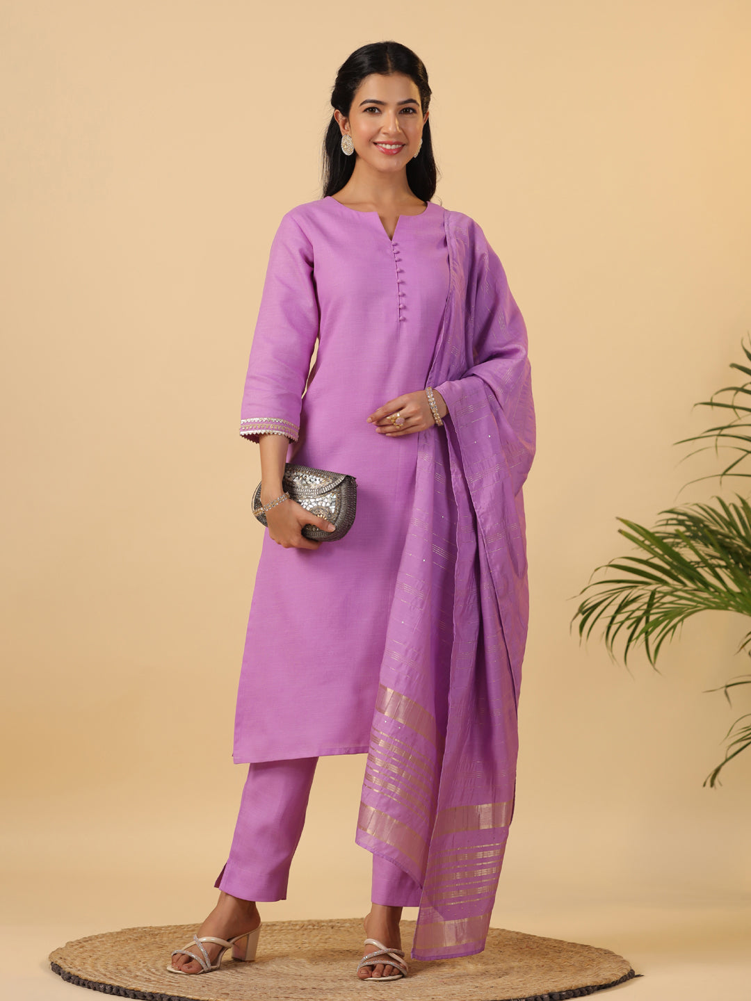 Janasya Regular Magics Slub Lavender Solid Notch Neck Kurta,Bottom & Dupatta | Grocsy