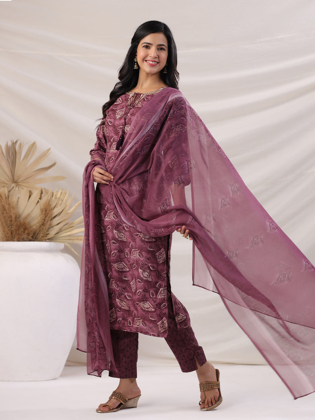 Janasya Regular Biscuit Slub Violet Abstract Tie-Up Neck Kurta,Bottom & Dupatta | Grocsy