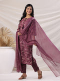 Janasya Regular Biscuit Slub Violet Abstract Tie-Up Neck Kurta,Bottom & Dupatta | Grocsy