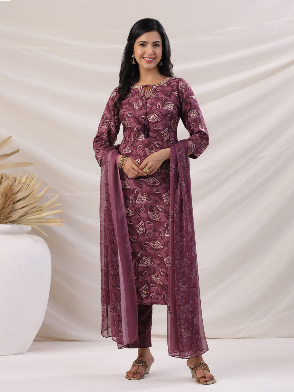 Janasya Regular Biscuit Slub Violet Abstract Tie-Up Neck Kurta,Bottom & Dupatta | Grocsy