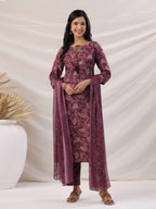 Janasya Regular Biscuit Slub Violet Abstract Tie-Up Neck Kurta,Bottom & Dupatta | Grocsy