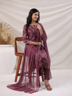 Janasya Regular Biscuit Slub Violet Abstract Tie-Up Neck Kurta,Bottom & Dupatta | Grocsy