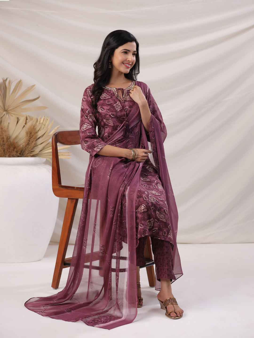 Janasya Regular Biscuit Slub Violet Abstract Tie-Up Neck Kurta,Bottom & Dupatta | Grocsy
