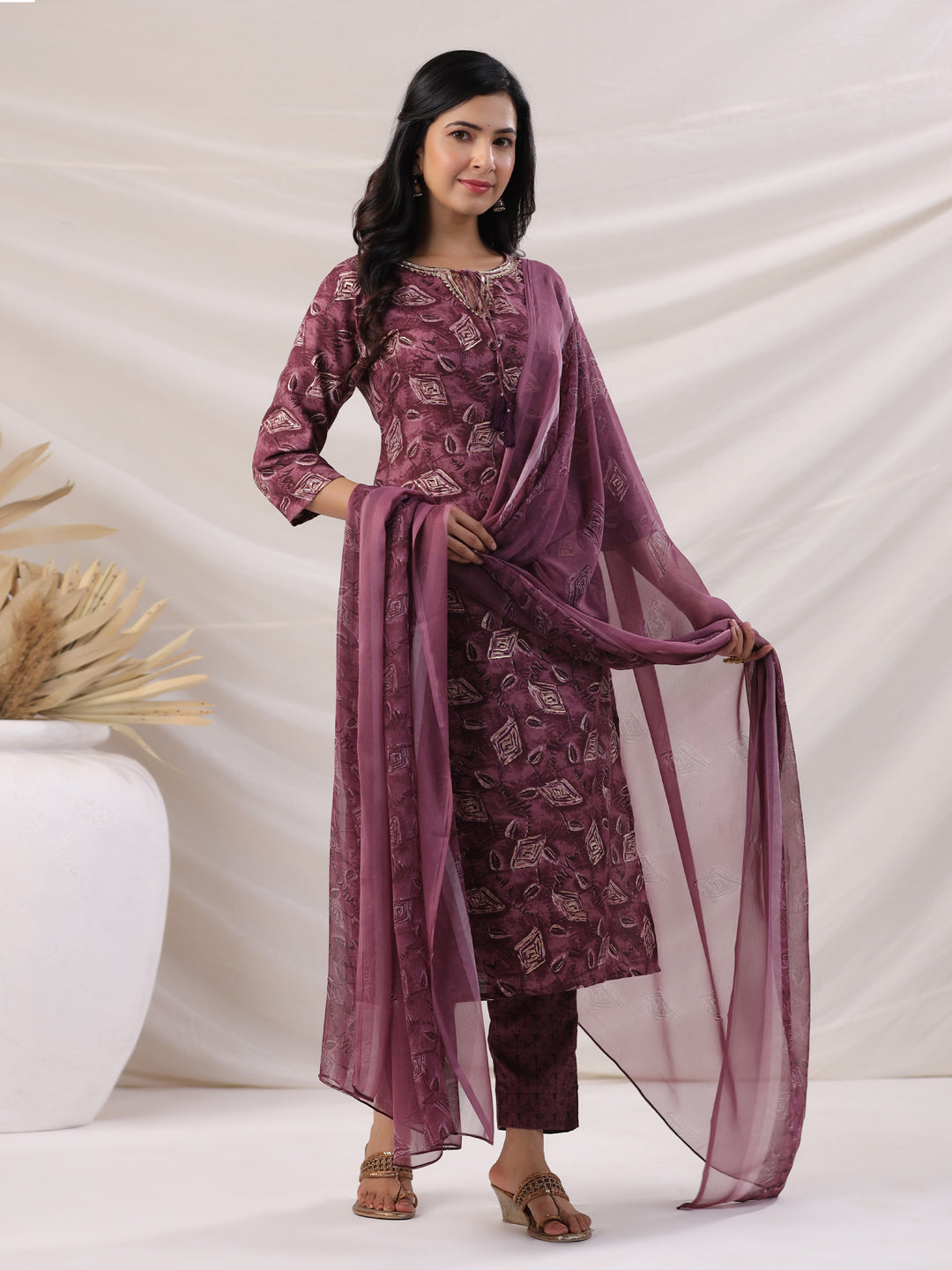 Janasya Regular Biscuit Slub Violet Abstract Tie-Up Neck Kurta,Bottom & Dupatta | Grocsy