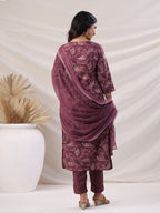 Janasya Regular Biscuit Slub Violet Abstract Tie-Up Neck Kurta,Bottom & Dupatta | Grocsy