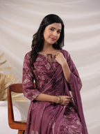 Janasya Regular Biscuit Slub Violet Abstract Tie-Up Neck Kurta,Bottom & Dupatta | Grocsy