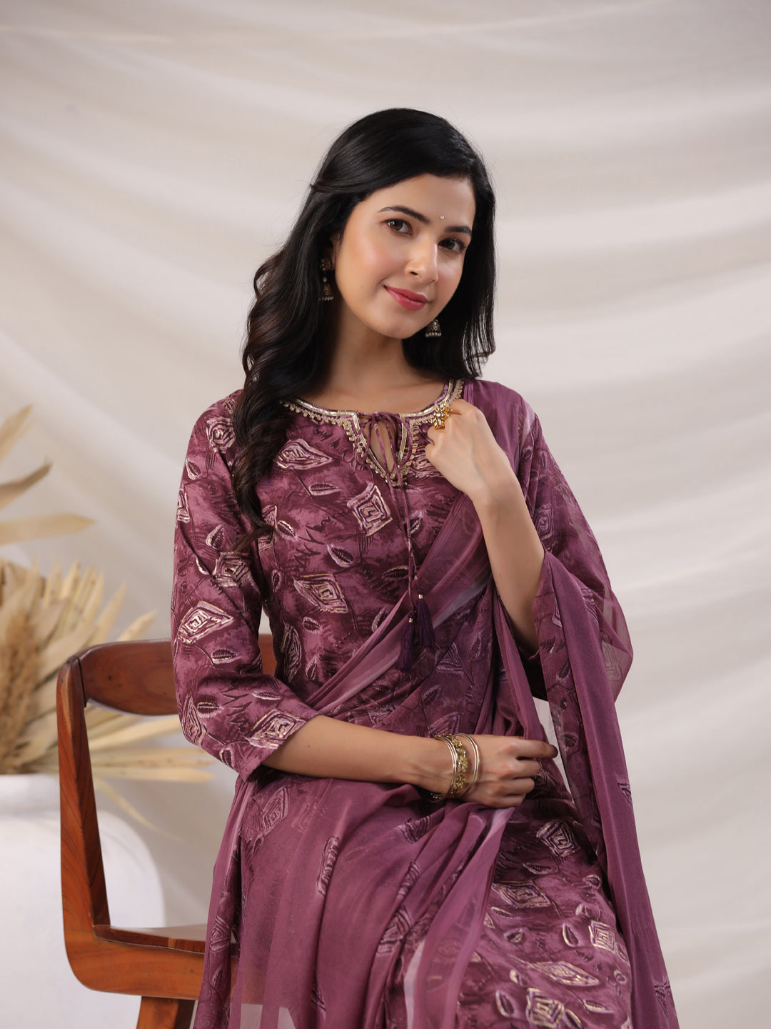 Janasya Regular Biscuit Slub Violet Abstract Tie-Up Neck Kurta,Bottom & Dupatta | Grocsy