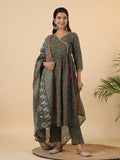 Janasya Angrakha Poly Cotton Green Gemometric V-Neck Kurta Set | Grocsy