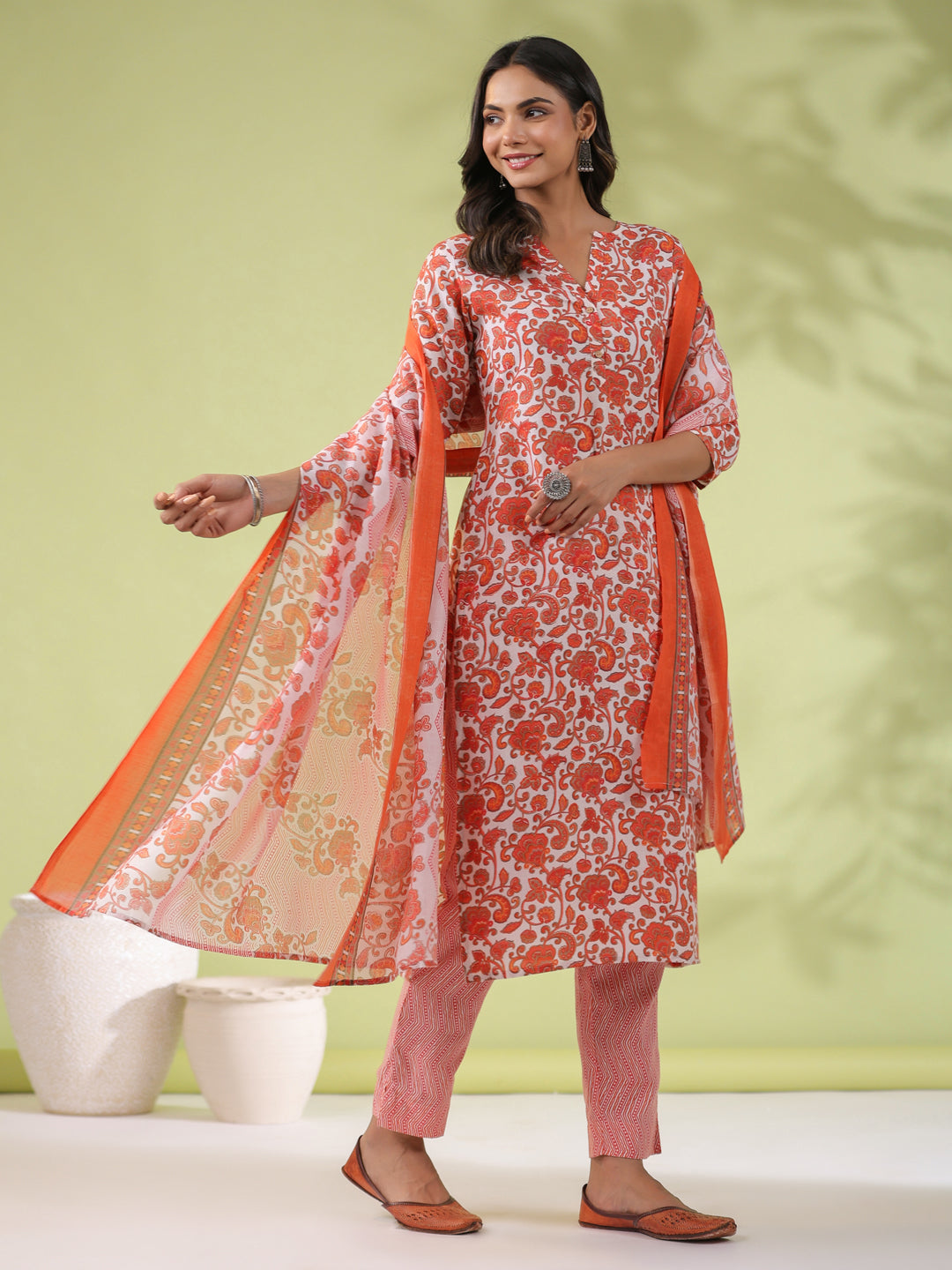 Janasya Regular Poly Cotton Off White Ethnic Motifs Round Neck Kurta Set | Grocsy
