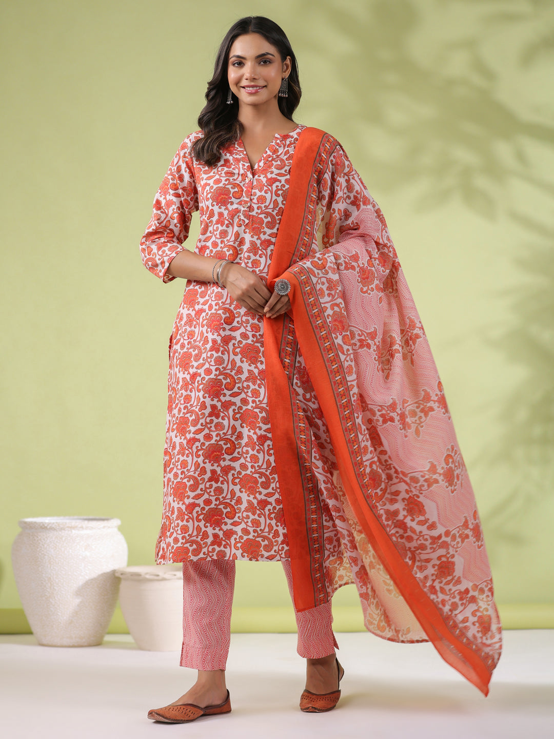 Janasya Regular Poly Cotton Off White Ethnic Motifs Round Neck Kurta Set | Grocsy