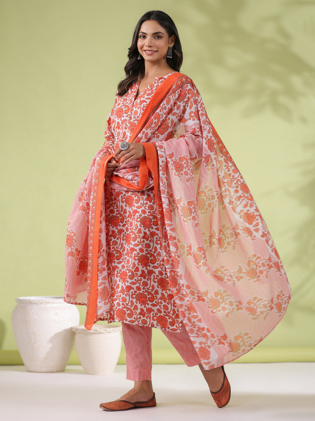 Janasya Regular Poly Cotton Off White Ethnic Motifs Round Neck Kurta Set | Grocsy