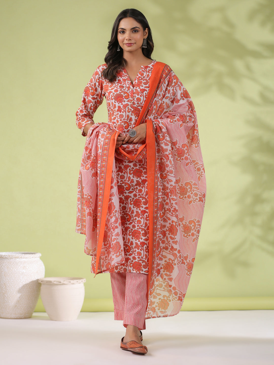 Janasya Regular Poly Cotton Off White Ethnic Motifs Round Neck Kurta Set | Grocsy