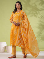 Janasya Regular Poly Cotton Mustard Gemometric V-Neck Kurta Set | Grocsy