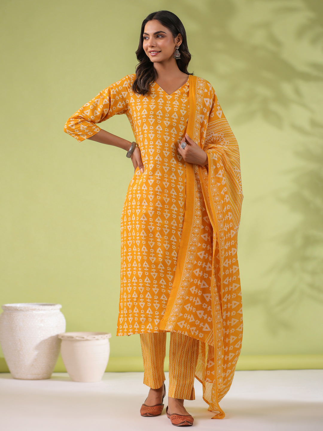 Janasya Regular Poly Cotton Mustard Gemometric V-Neck Kurta Set | Grocsy
