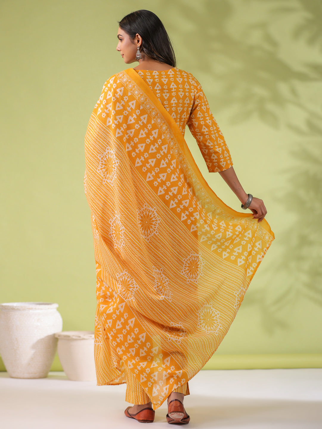 Janasya Regular Poly Cotton Mustard Gemometric V-Neck Kurta Set | Grocsy