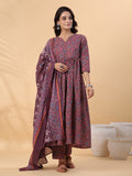 Janasya A-Line Cotton Blend Wine Abstract Round Neck Kurta,Bottom & Dupatta | Grocsy