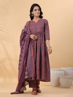 Janasya A-Line Cotton Blend Wine Abstract Round Neck Kurta,Bottom & Dupatta | Grocsy