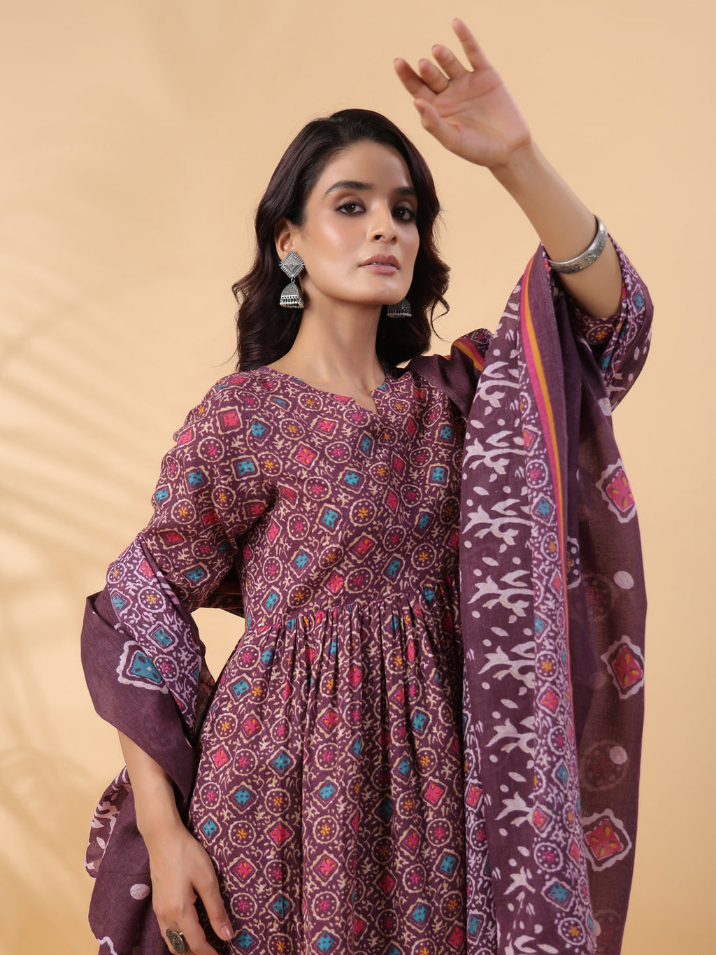 Janasya A-Line Cotton Blend Wine Abstract Round Neck Kurta,Bottom & Dupatta | Grocsy