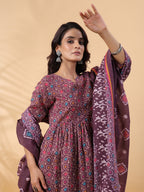 Janasya A-Line Cotton Blend Wine Abstract Round Neck Kurta,Bottom & Dupatta | Grocsy