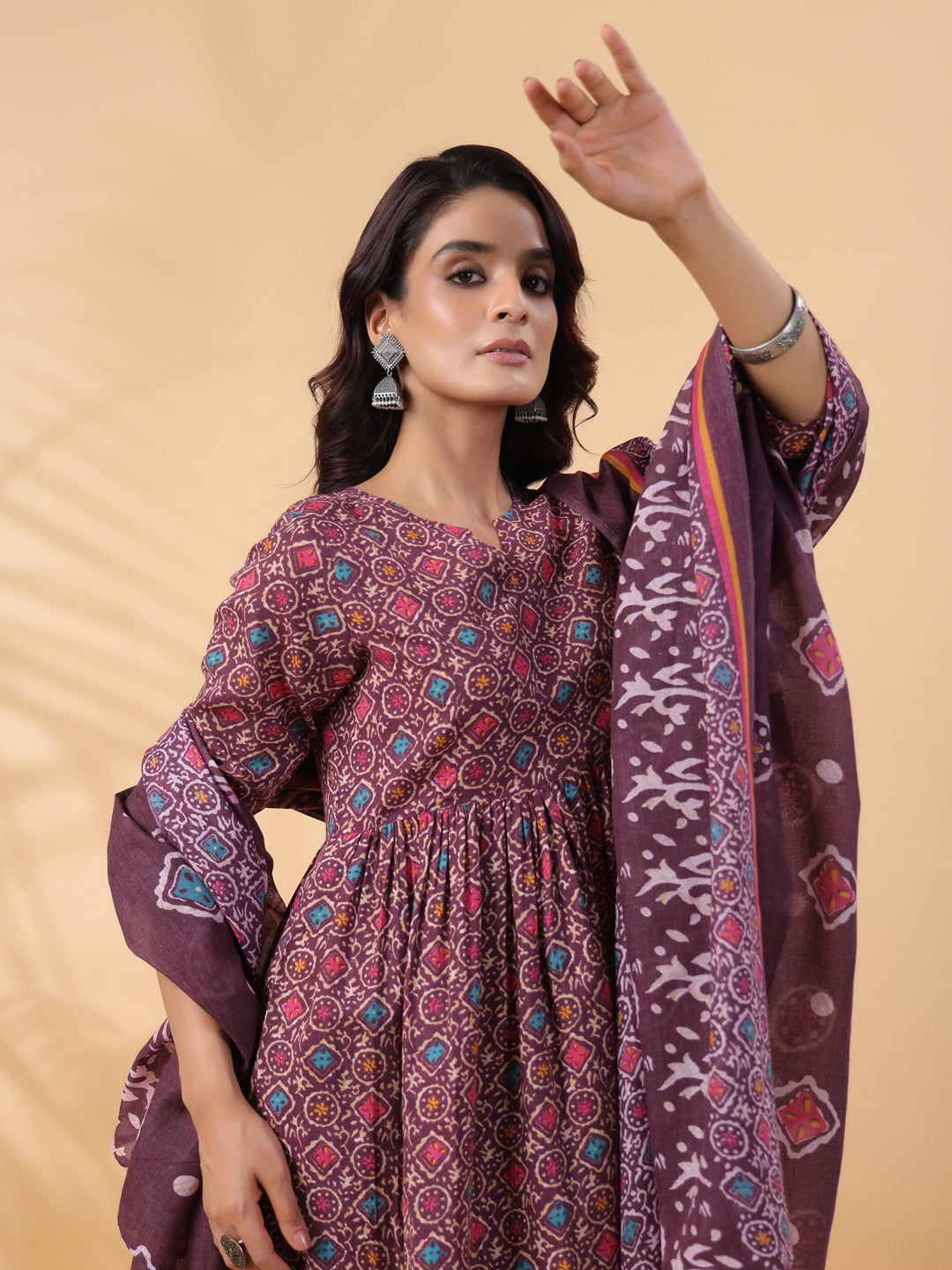 Janasya A-Line Cotton Blend Wine Abstract Round Neck Kurta,Bottom & Dupatta | Grocsy