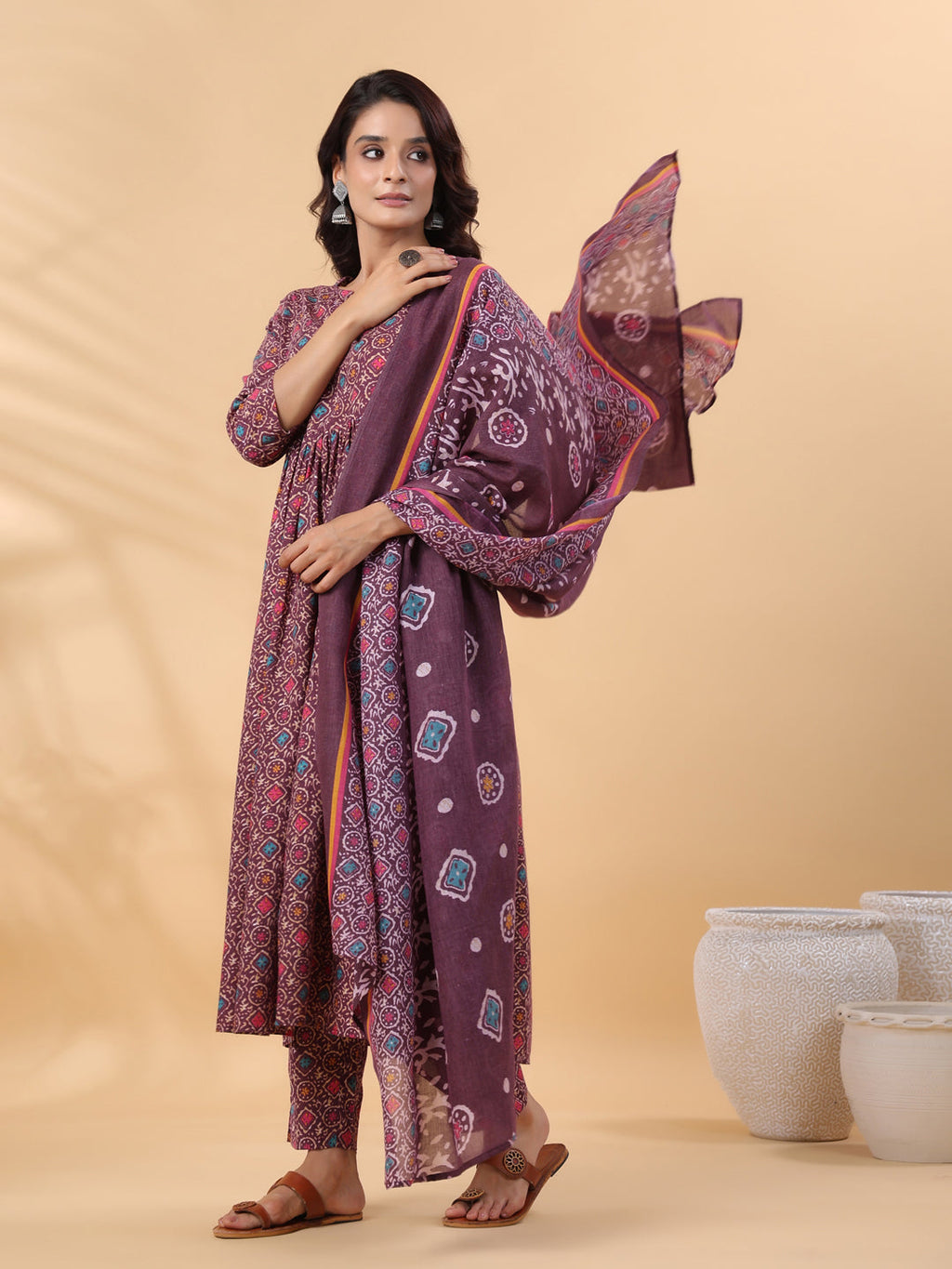 Janasya A-Line Cotton Blend Wine Abstract Round Neck Kurta,Bottom & Dupatta | Grocsy