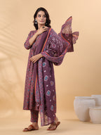 Janasya A-Line Cotton Blend Wine Abstract Round Neck Kurta,Bottom & Dupatta | Grocsy