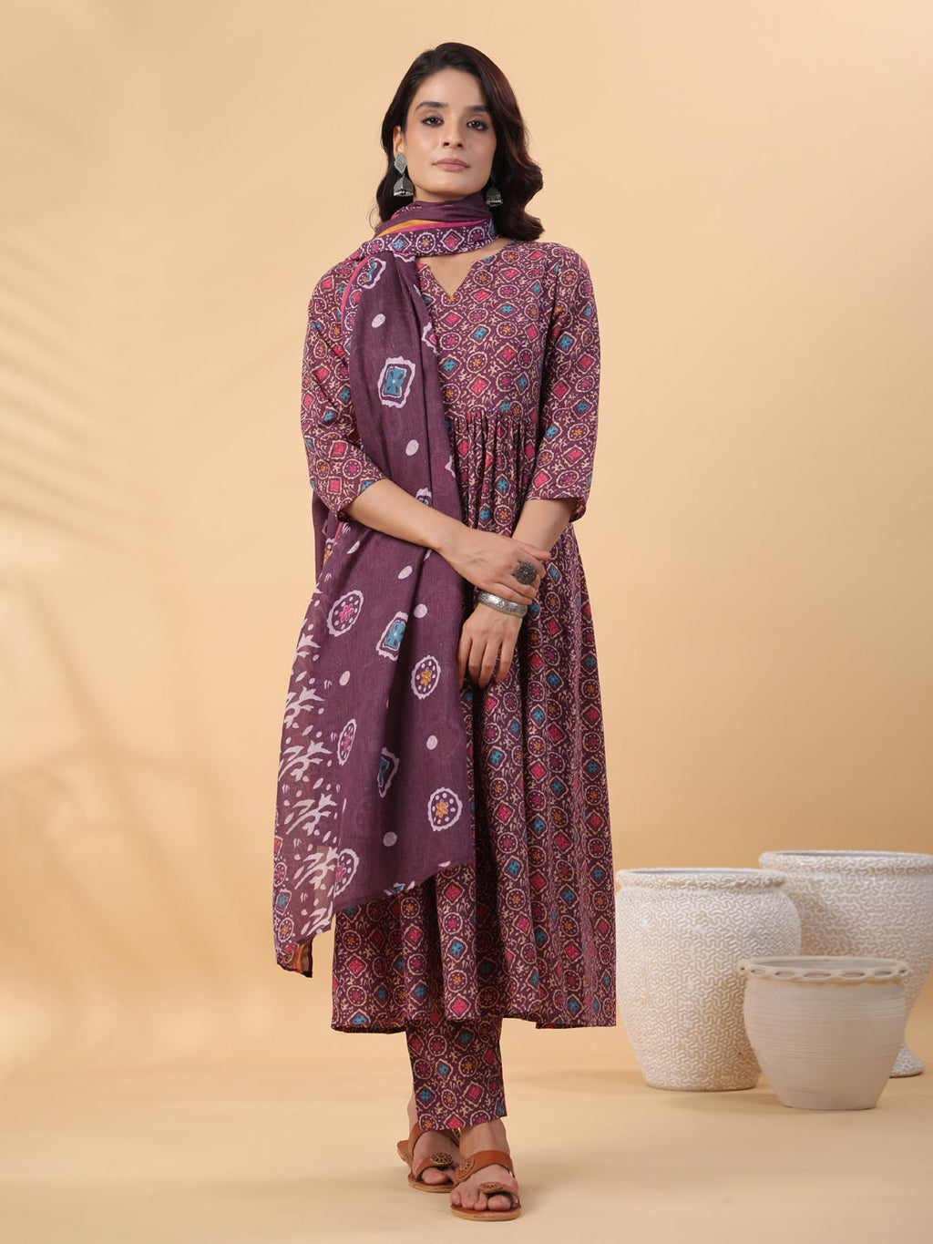Janasya A-Line Cotton Blend Wine Abstract Round Neck Kurta,Bottom & Dupatta | Grocsy