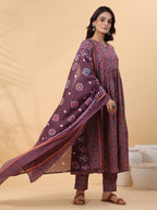 Janasya A-Line Cotton Blend Wine Abstract Round Neck Kurta,Bottom & Dupatta | Grocsy