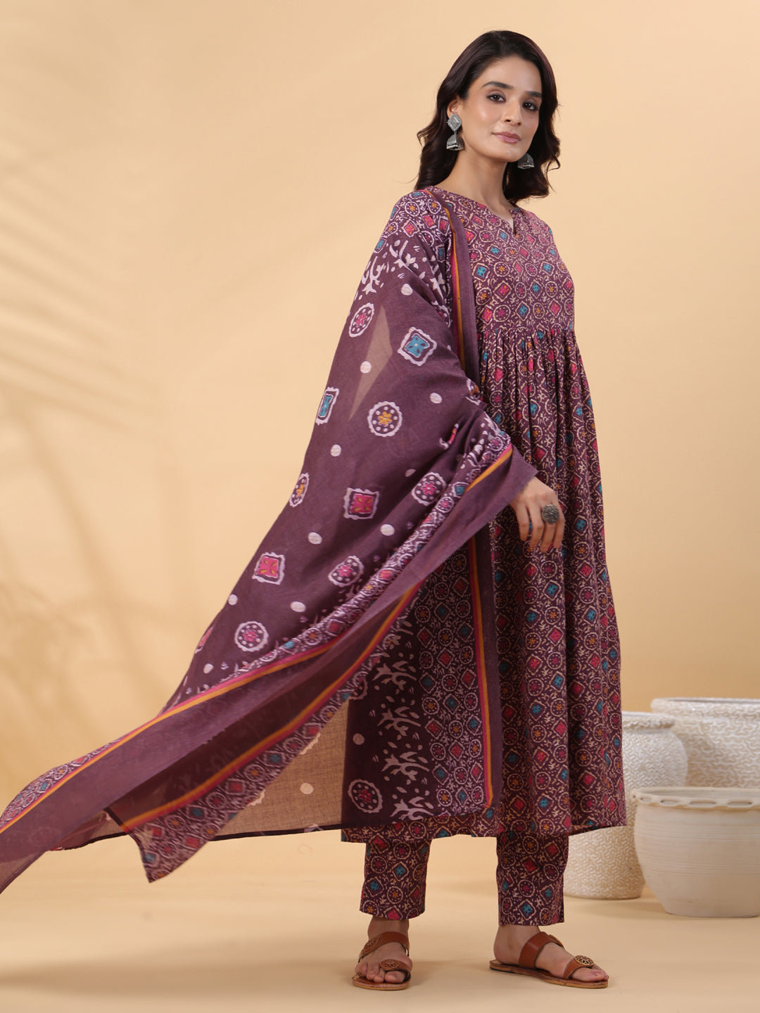 Janasya A-Line Cotton Blend Wine Abstract Round Neck Kurta,Bottom & Dupatta | Grocsy