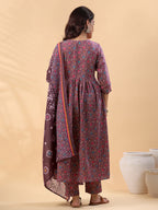 Janasya A-Line Cotton Blend Wine Abstract Round Neck Kurta,Bottom & Dupatta | Grocsy