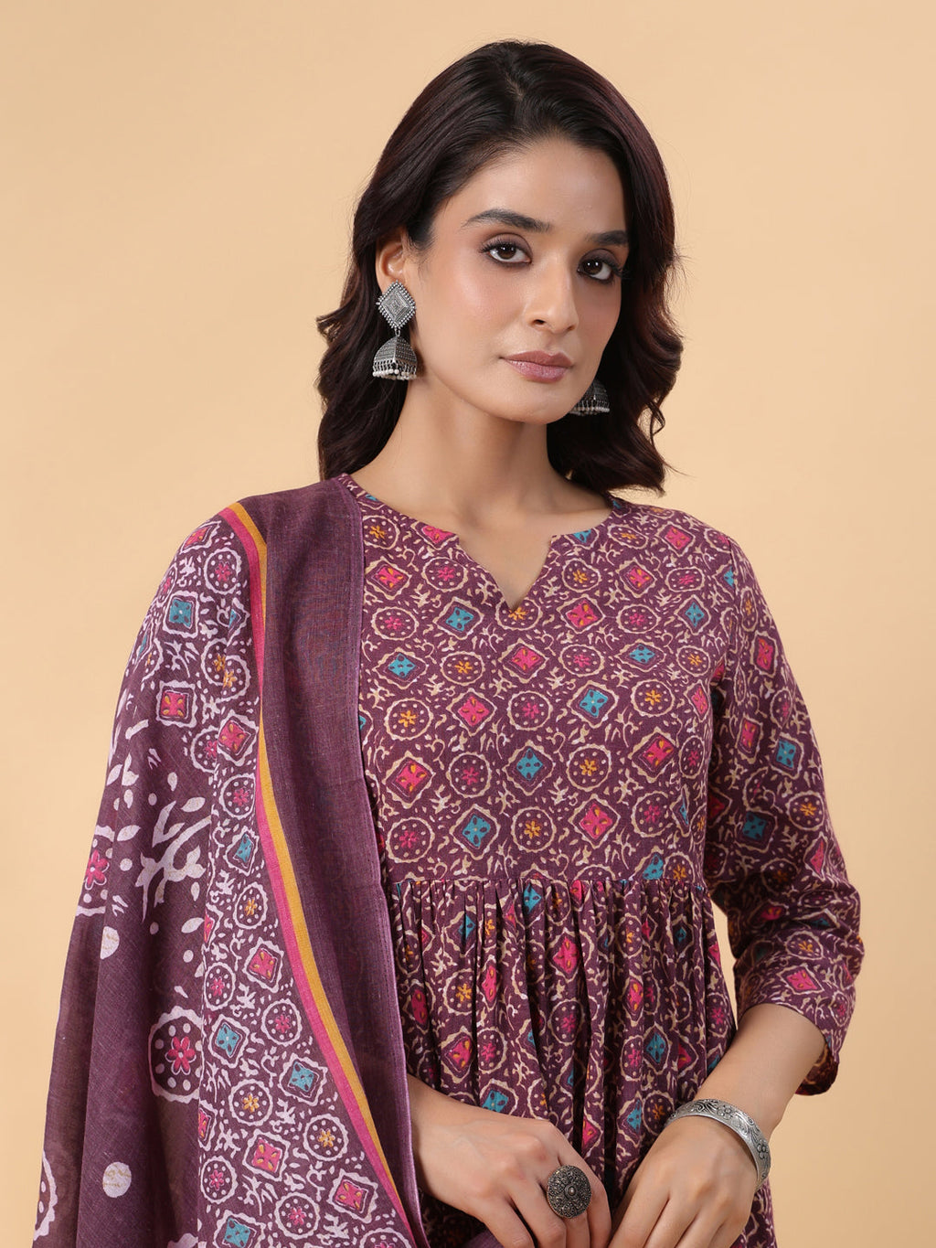 Janasya A-Line Cotton Blend Wine Abstract Round Neck Kurta,Bottom & Dupatta | Grocsy