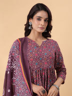 Janasya A-Line Cotton Blend Wine Abstract Round Neck Kurta,Bottom & Dupatta | Grocsy