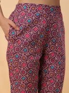 Janasya A-Line Cotton Blend Wine Abstract Round Neck Kurta,Bottom & Dupatta | Grocsy