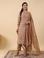 Janasya Straight Biscuit Slub Brown Ethnic Motifs Band Collar Kurta,Bottom & Dupatta | Grocsy